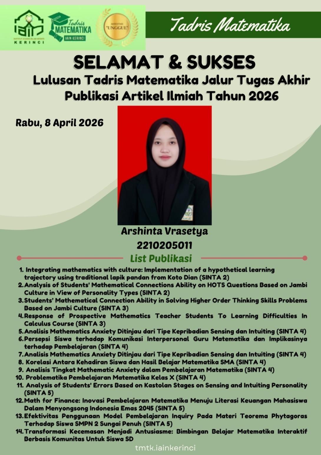 Rektor IAIN Kerinci Apresiasi Arshinta, Penulis 13 Artikel SINTA